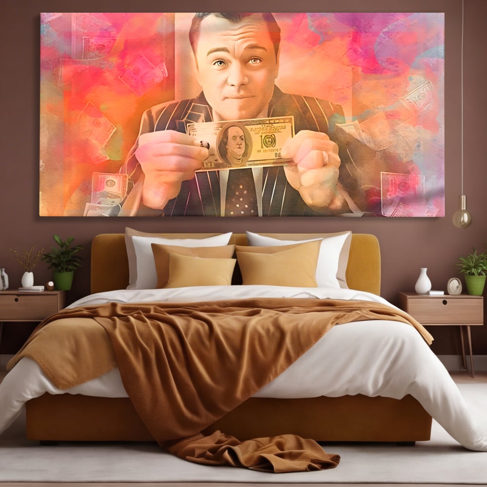 Tablou canvas cu tablou cu actorul leonardo dicaprio tinand bani, fara rama, pe sasiu de lemn, pe perete intr-un dormitor